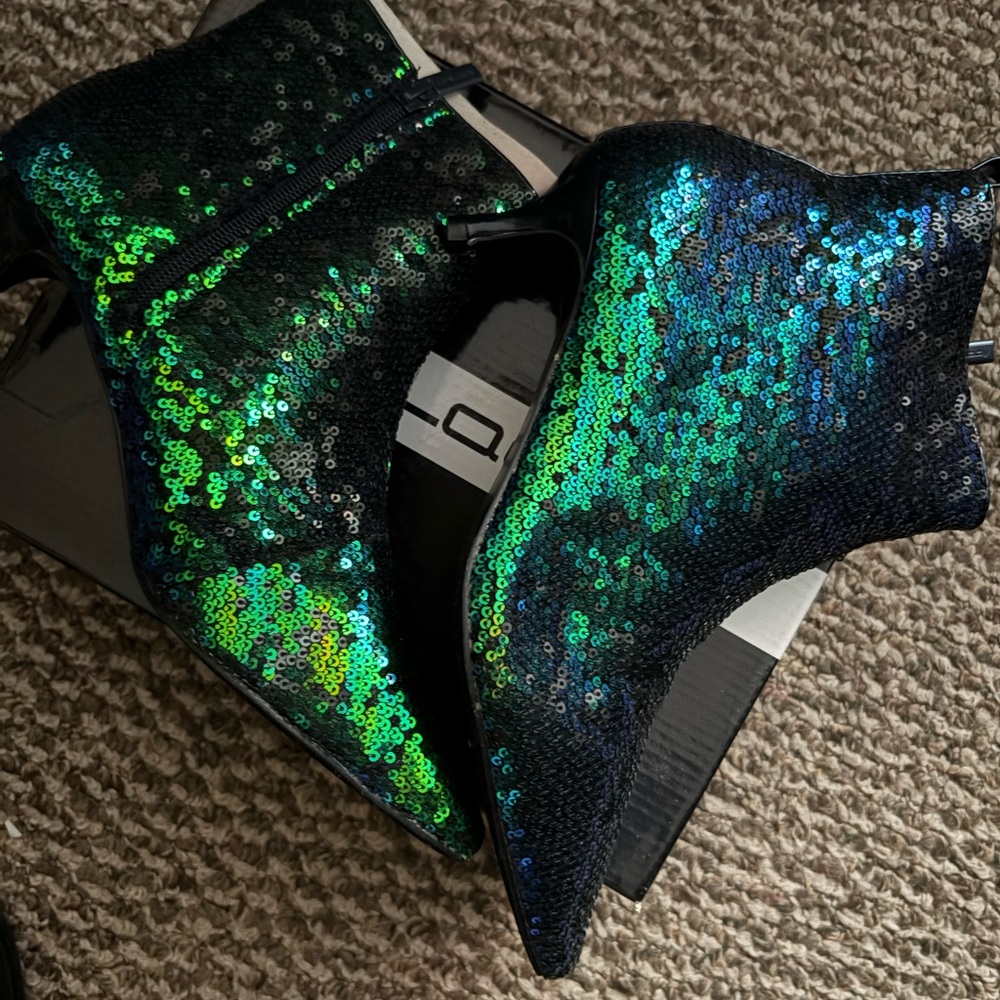 Iridescent blue sequin bootie